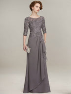 Vestido longo para mãe da noiva evasê com decote ilusão redondo, renda chiffon e babados cascata