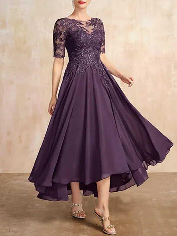 A-Linien Scoop-Ausschnitt Illusion asymmetrisches Chiffon-Spitzen-Mutter-der-Braut-Kleid mit Pailletten