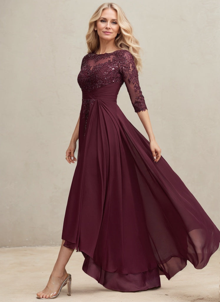 Vestido de madre de la novia línea A con escote redondo ilusión, encaje asimétrico y gasa con lentejuelas plisadas