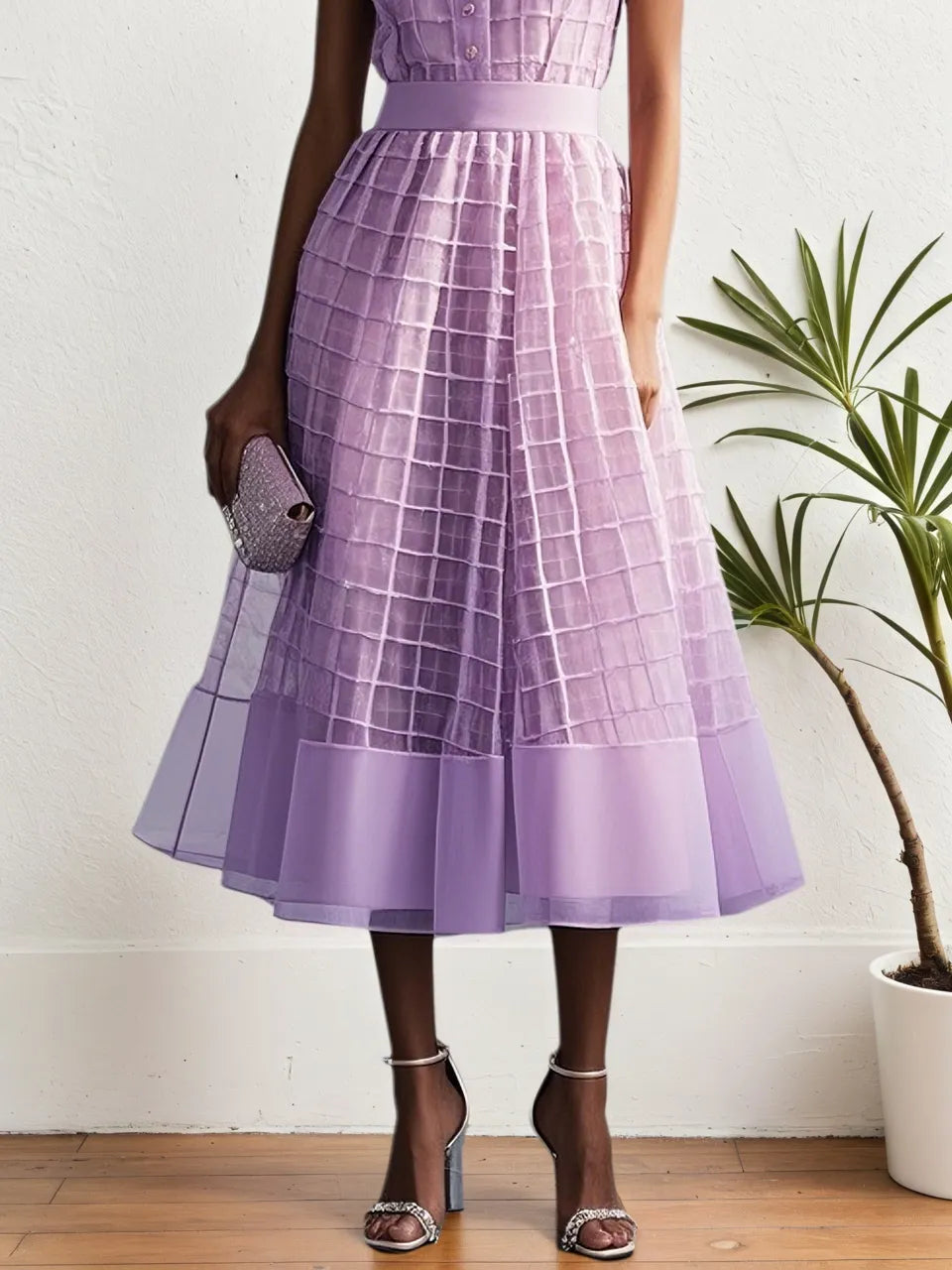 Lavendel Lila Hemdkleid mit Schnalle Hemdkragen Ärmelloses A-Linien Midikleid