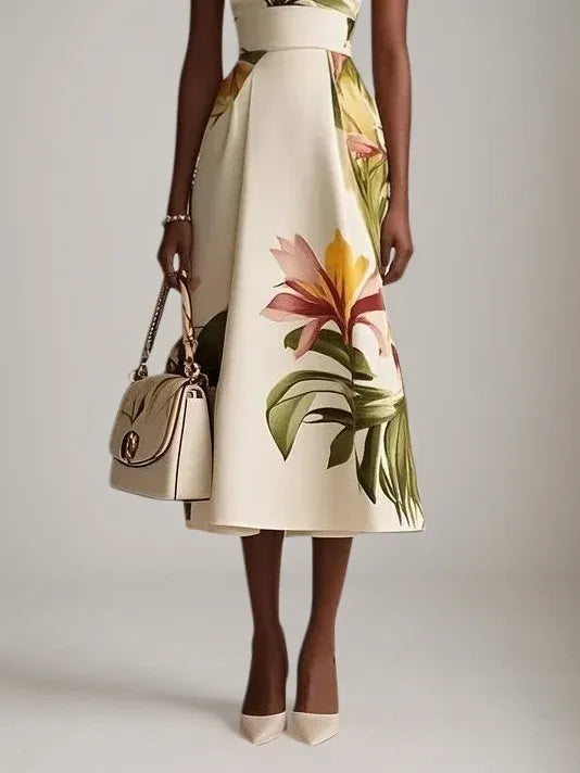 Vestido midi sin mangas línea A con cuello barco y estampado floral beige