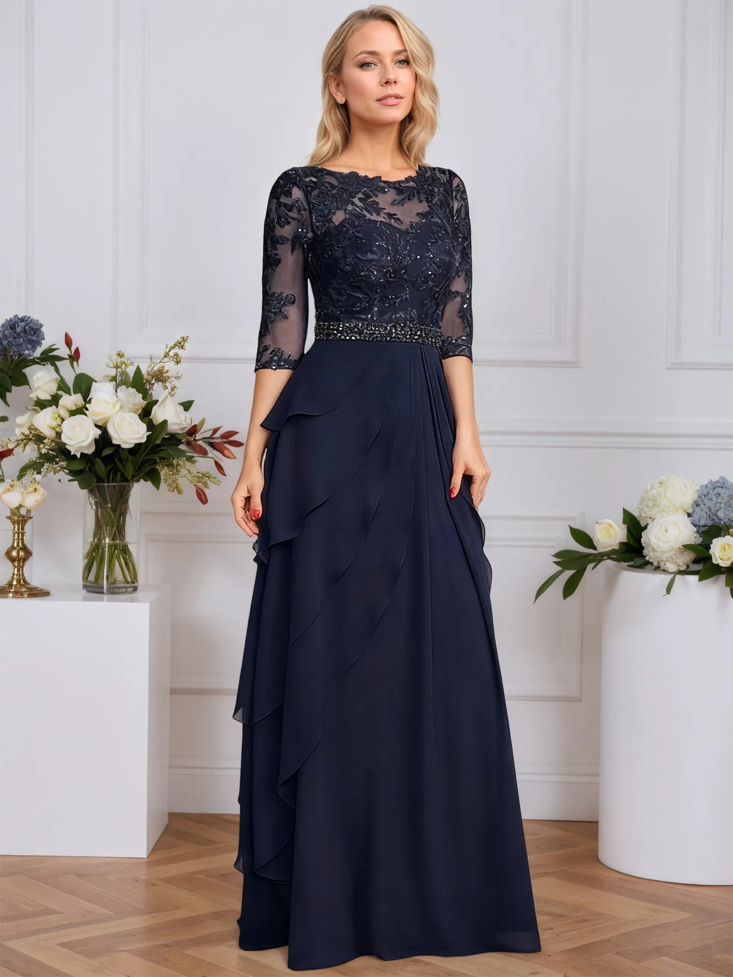 A-Linien Rundhals Illusions-Bodenlanges Chiffon Brautmutterkleid mit Pailletten und Perlenstickerei