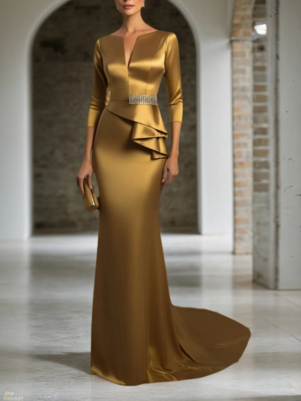 Formal Evening Dress Golden V Neck Maxi Satin Dress