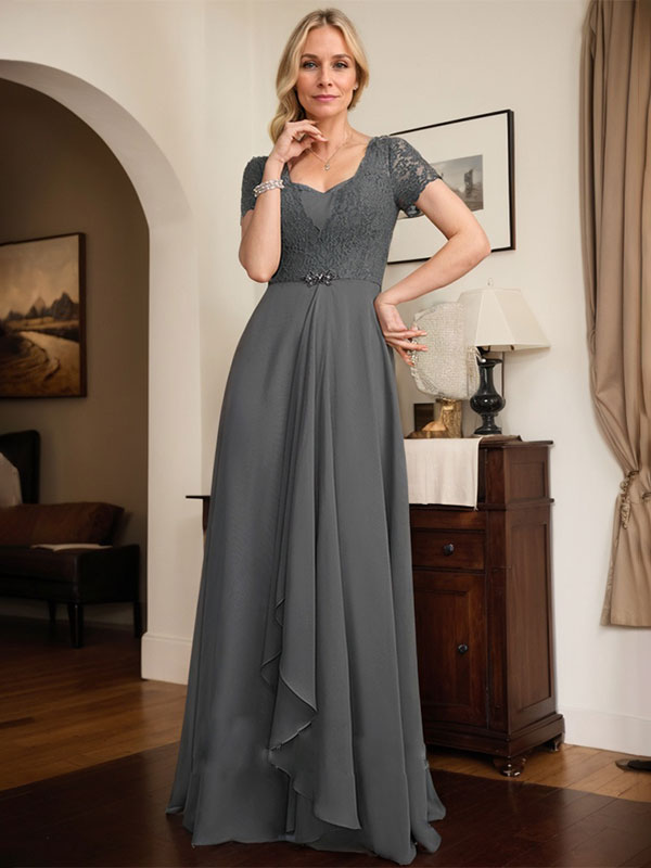 Vestido de madre de la novia línea A con escote corazón, largo hasta el suelo, de gasa y encaje con abalorios y volantes en cascada