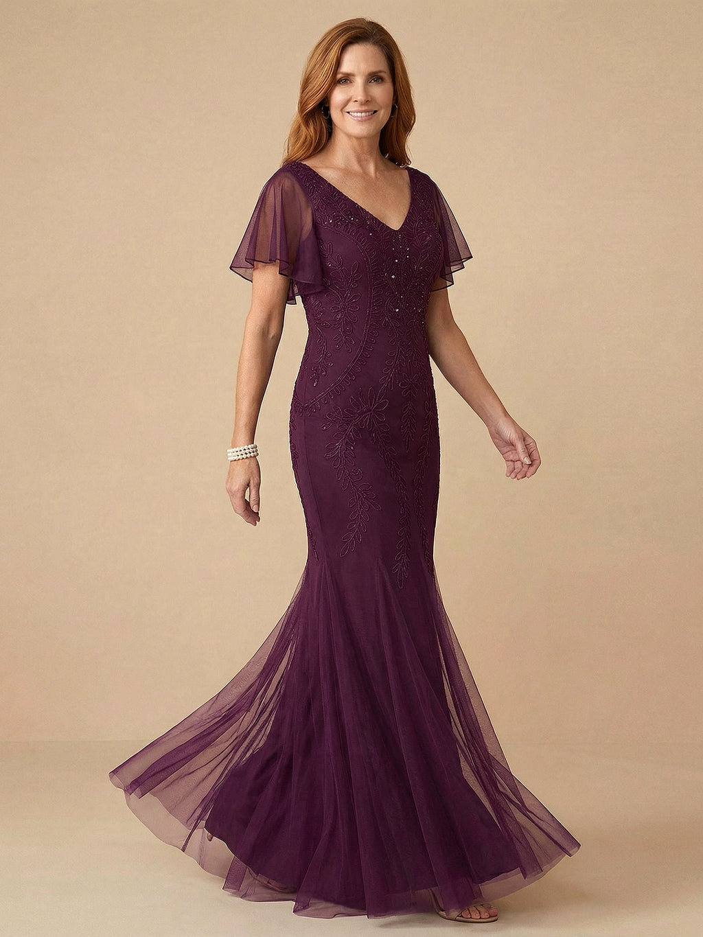 Trumpet-/Meerjungfrau-Kleid mit V-Ausschnitt, bodenlang, Brautmutterkleid mit fallenden Rüschen