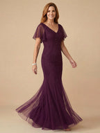Trumpet-/Meerjungfrau-Kleid mit V-Ausschnitt, bodenlang, Brautmutterkleid mit fallenden Rüschen