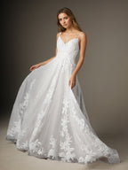 Robe de mariée blanche en ligne A à col en V en tulle à sequins