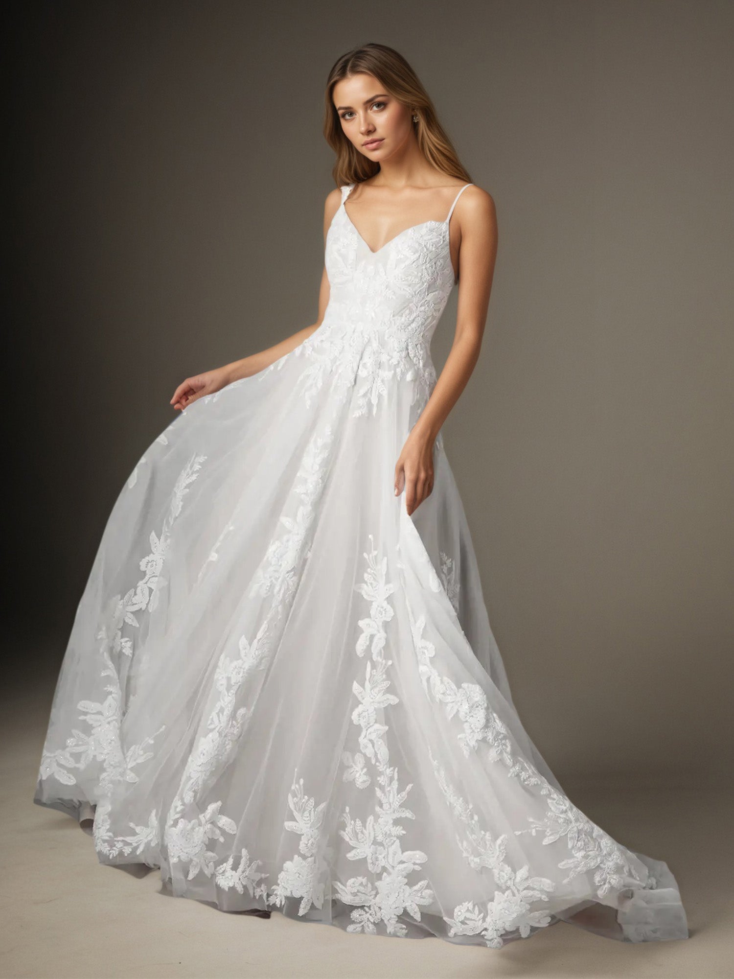 Robe de mariée blanche en ligne A à col en V en tulle à sequins