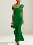 Vestido de festa/coquetel verde de chiffon, um ombro só, comprimento até o tornozelo