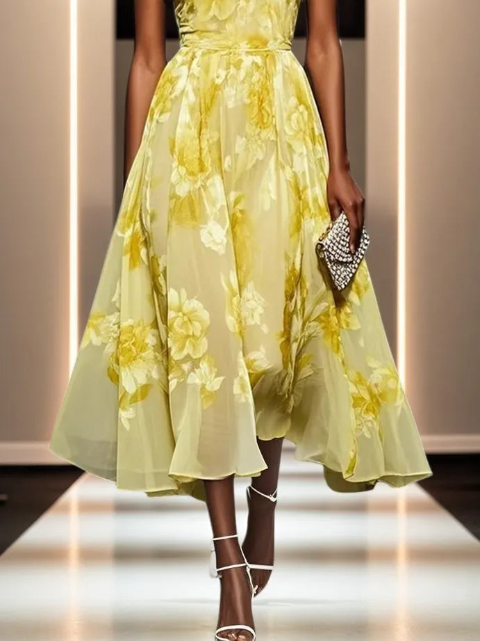 Robe midi jaune en chiffon à fleurs, col halter, sans manches, coupe A