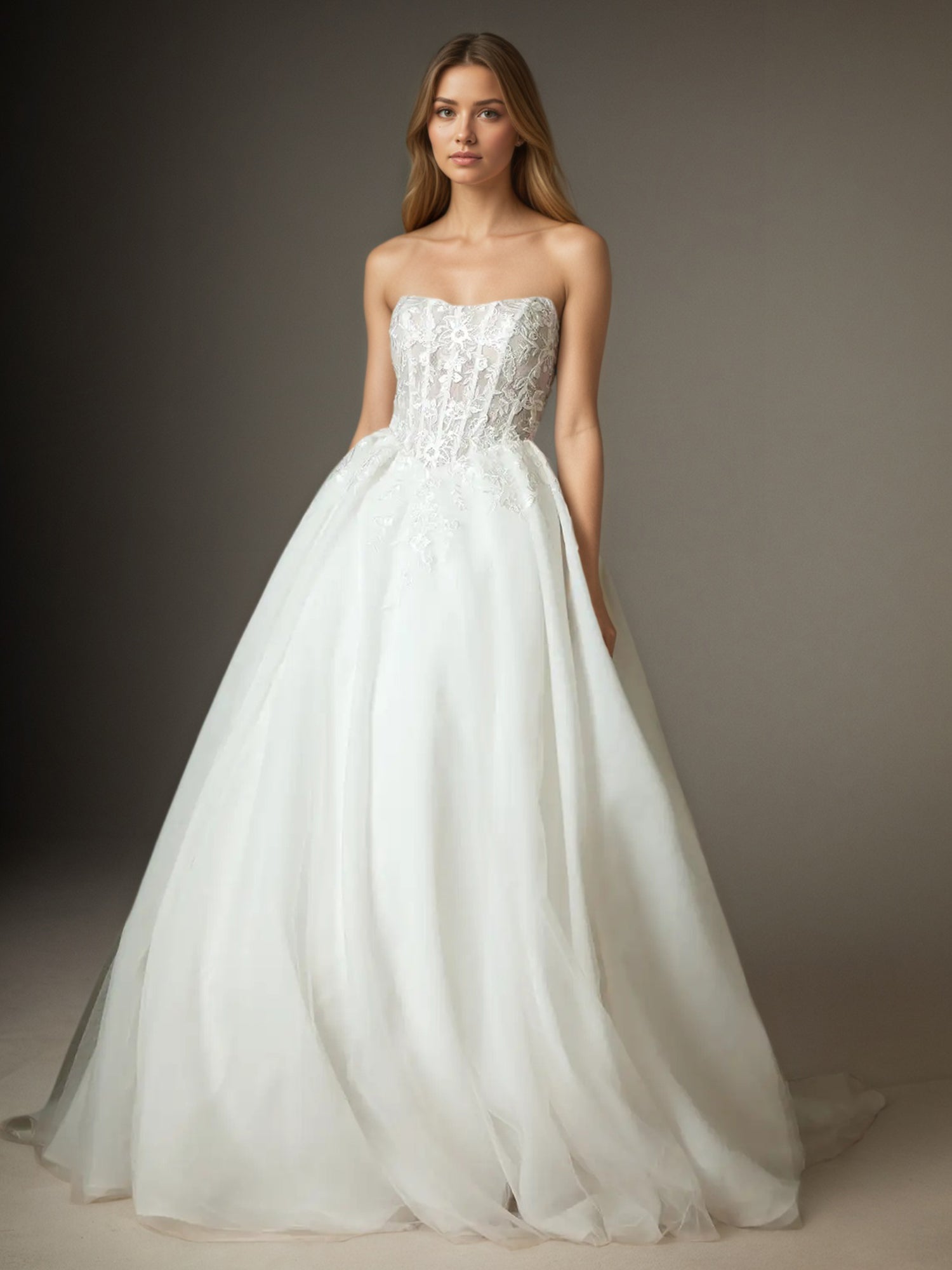 Vestido de noiva branco tomara que caia, com saia rodada, renda e tule