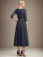 A-Linien Spitzen-Chiffon-Brautmutterkleid mit V-Ausschnitt, tea-length, mit Pailletten