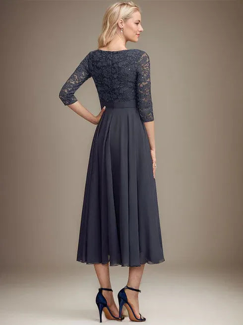 A-Linien Spitzen-Chiffon-Brautmutterkleid mit V-Ausschnitt, tea-length, mit Pailletten