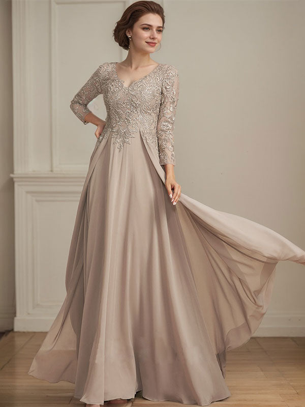 Vestido para madre de la novia línea A con escote en V, largo hasta el suelo, de encaje y gasa con lentejuelas