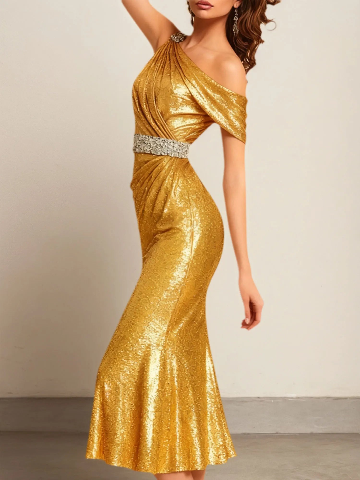 Evening Formal Dress Golden One Shoulder Sequin Midi Dress