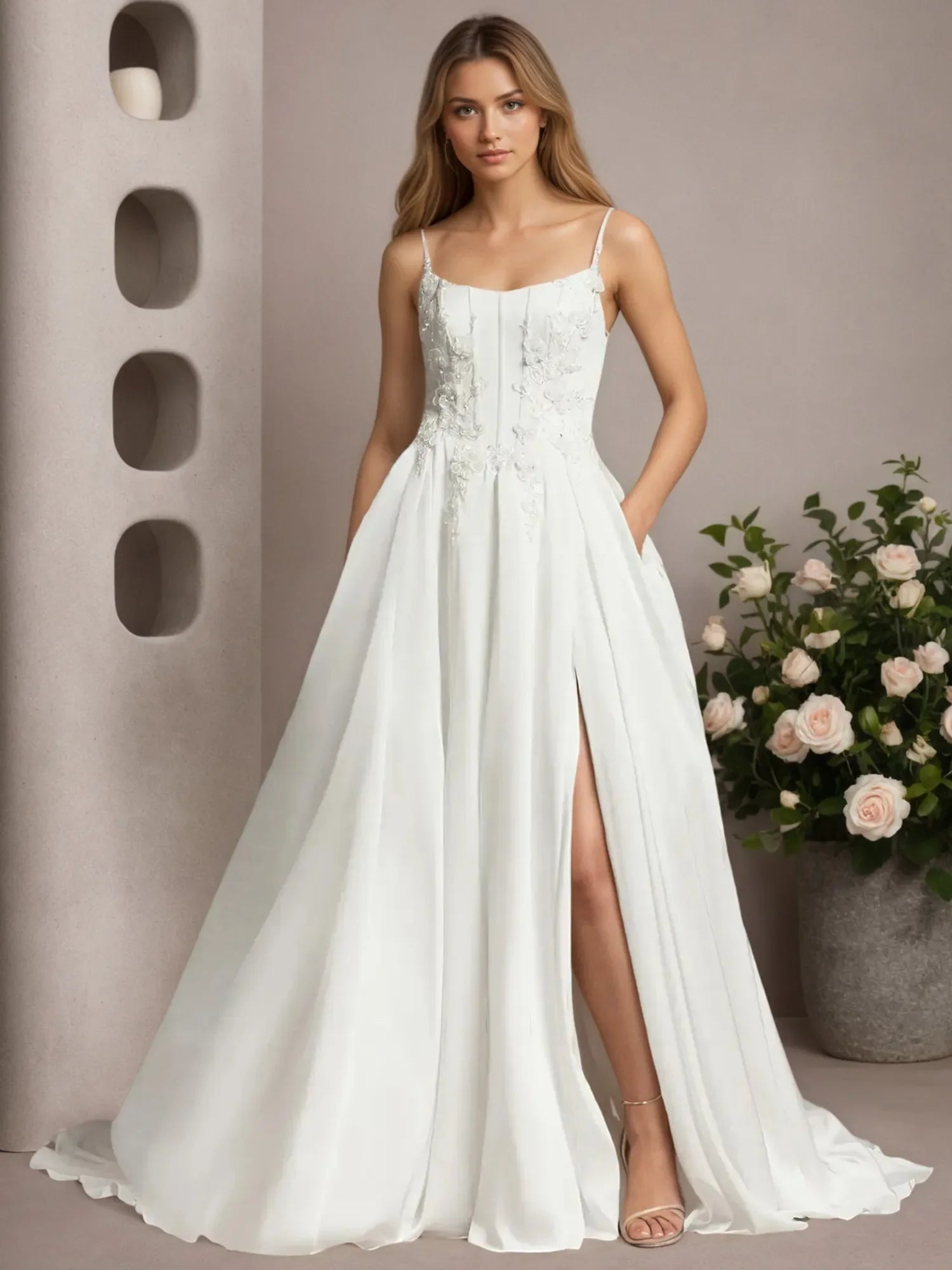 Vestido de noiva branco em cetim stretch com renda, corte A