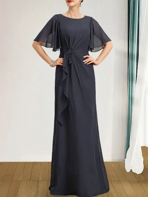 A-Linien Rundhals bodenlanges Chiffon Mutter der Braut Kleid mit kaskadierenden Rüschen Perlen Pailletten