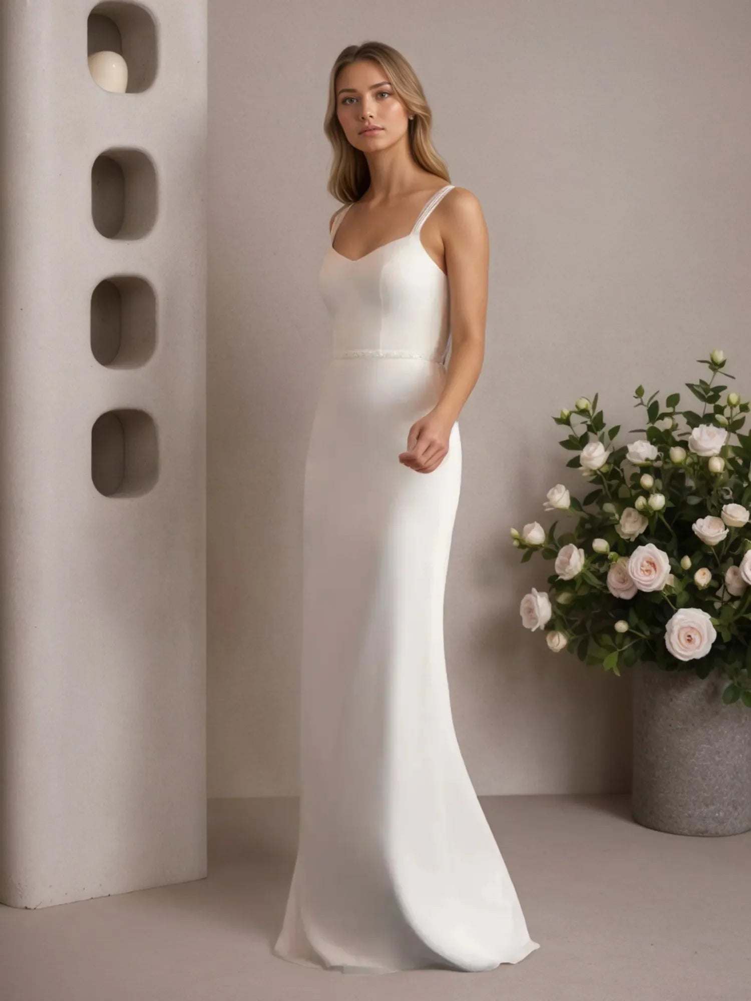 Vestido de novia de gasa blanco, corte recto y escote en V