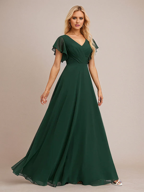 Dunkelgrünes A-Linien Chiffon Brautjungfernkleid mit V-Ausschnitt, bodenlang und Rüschen