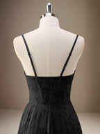 Black Sheath Spaghetti Straps Pleated Long Bridesmaid Dress with Slit