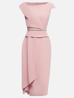 Vestido Midi Rosa com Decote Assimétrico, Manga Curta e Strass, Modelo A-Line