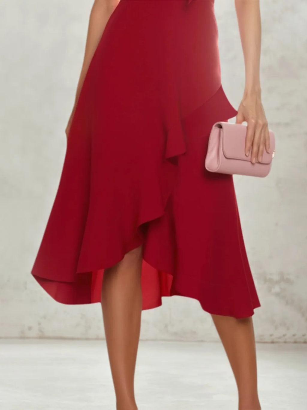 Cocktailparty Wickel Burgunder hoher Kragen Rüschen Midikleid