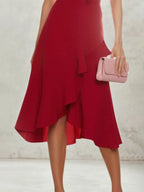 Cocktailparty Wickel Burgunder hoher Kragen Rüschen Midikleid