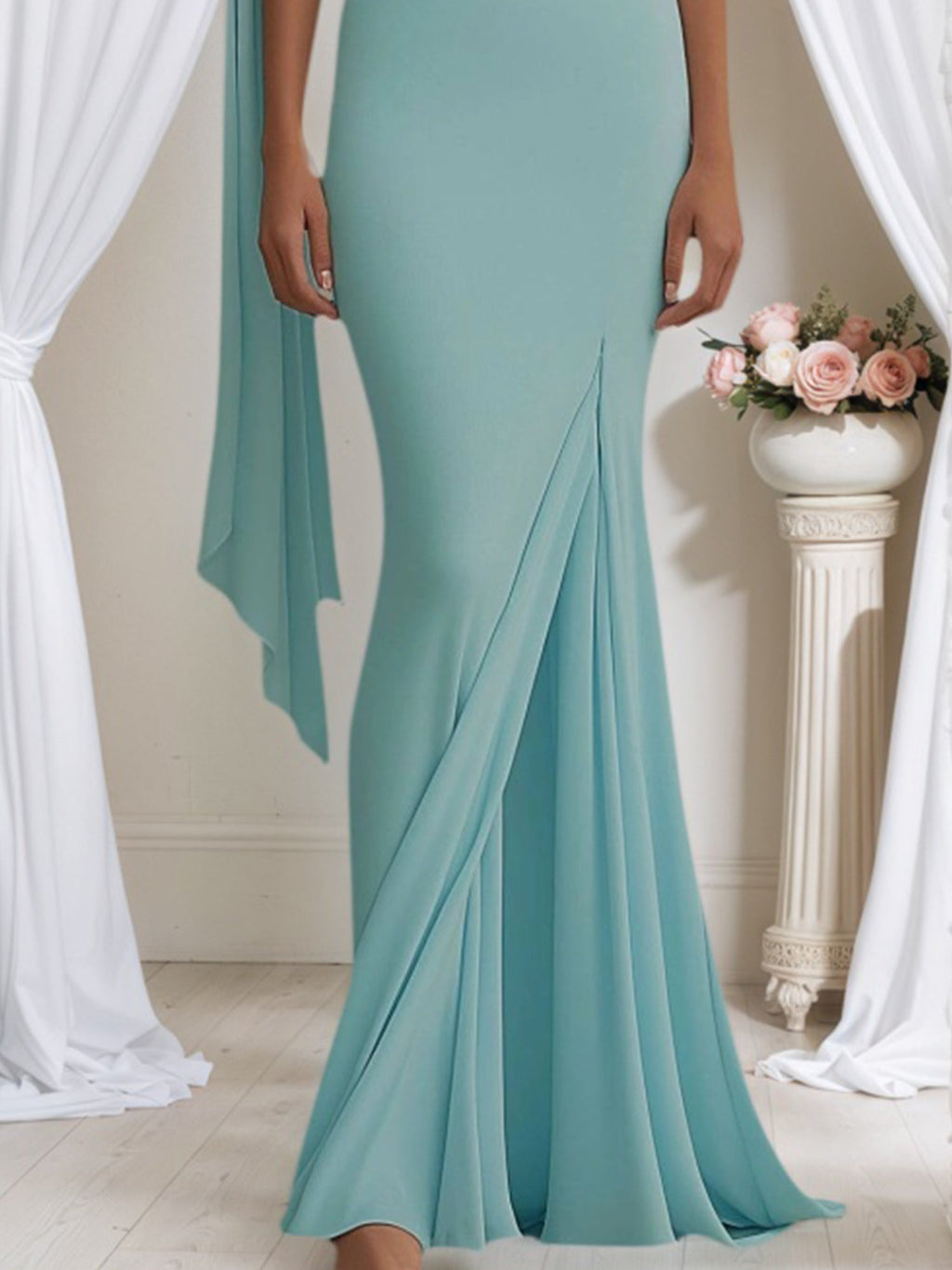Formal Evening Dress Light Blue One Shoulder Draped Slit Floor Dress