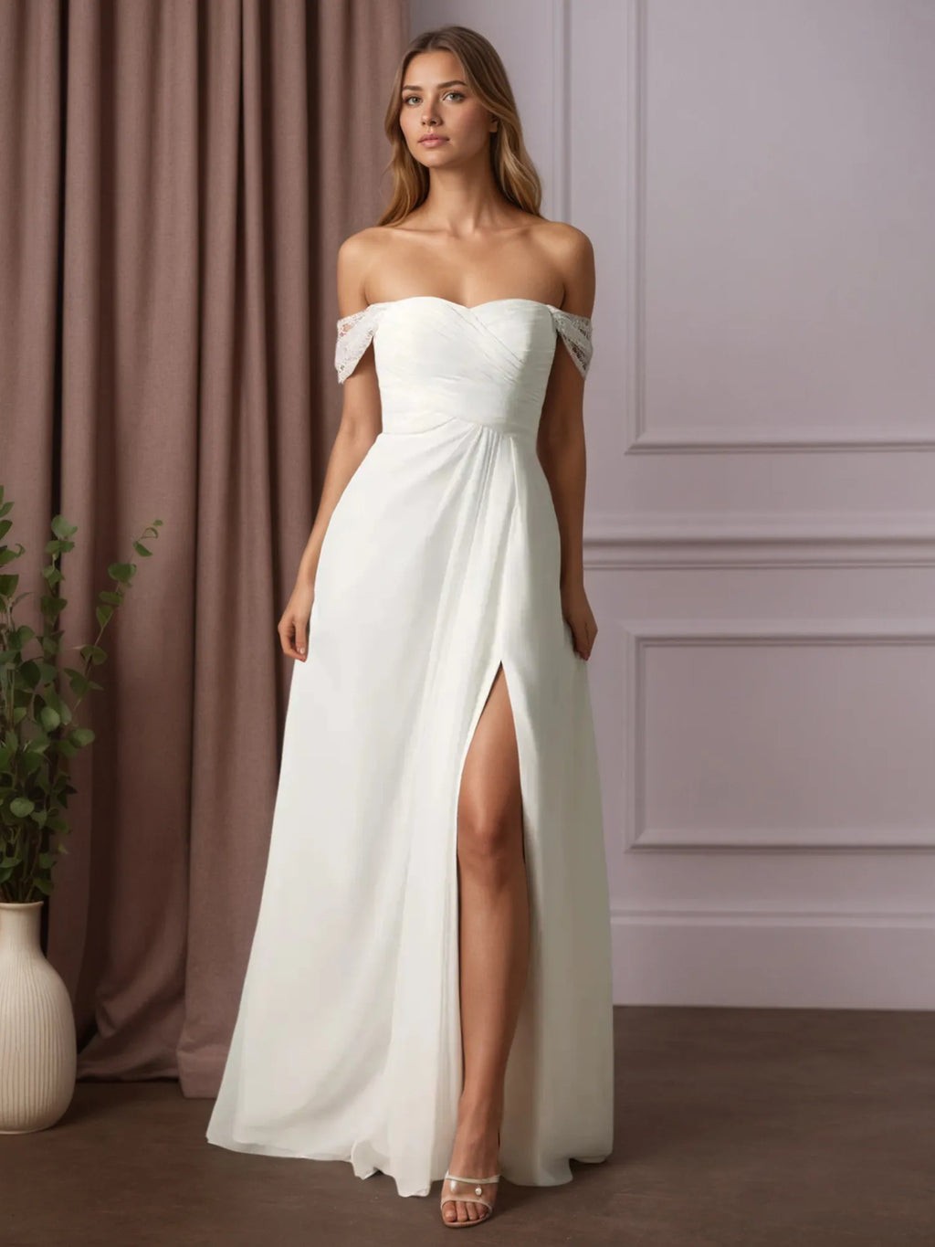 Vestido de casamento branco em linha A de chiffon ombro a ombro