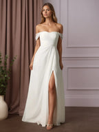 Vestido de casamento branco em linha A de chiffon ombro a ombro