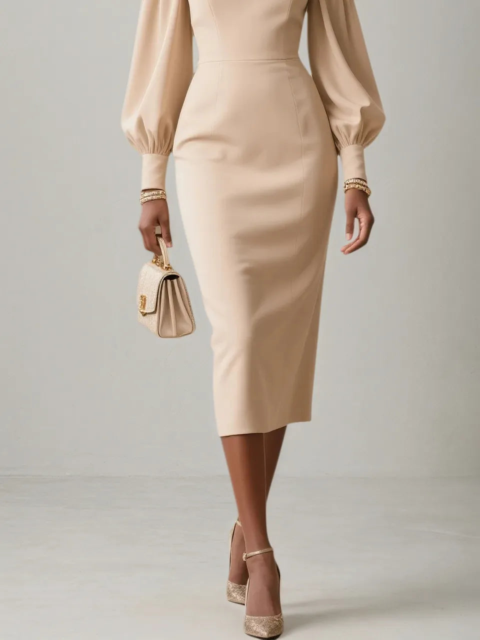 Aprikosenfarbiges, appliziertes, florales klassisches Midi-Kleid mit Rundhalsausschnitt, langen Ballonärmeln