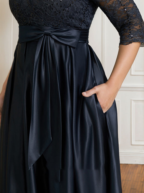 Vestido de madre de la novia línea A, escote en V, largo hasta el suelo, satén con encaje y lazo de lentejuelas