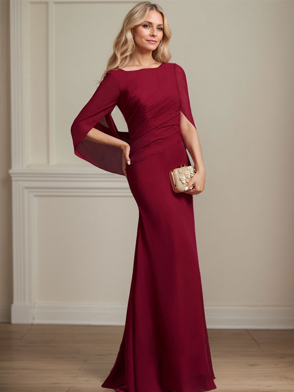 Vestido de madre de la novia trompeta/sirena de gasa con escote barco, largo hasta el suelo y plisado
