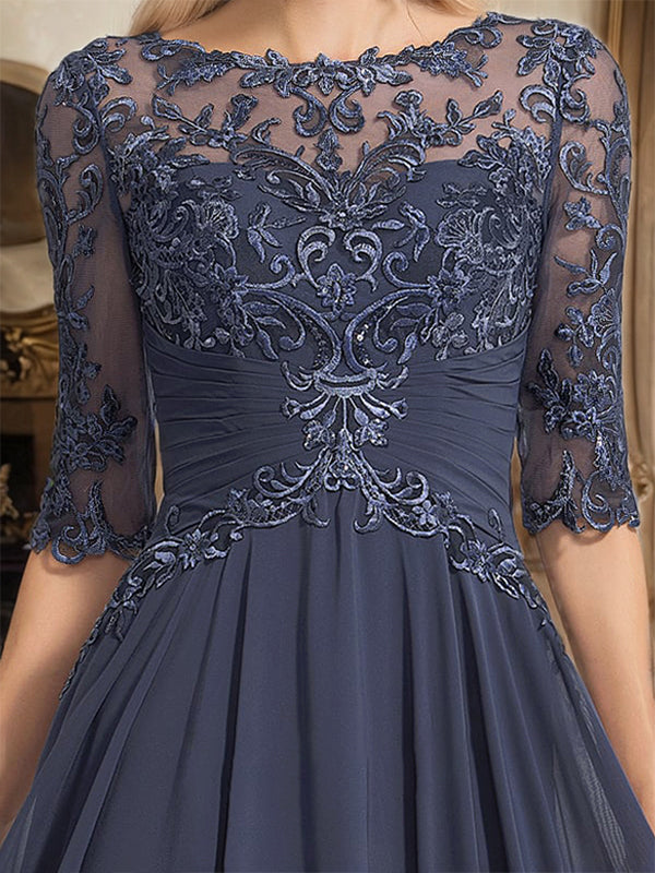 A-Linien Ausschnitt Illusions-Bodenlanges Chiffon-Spitzenkleid für die Mutter der Braut mit plissierten Pailletten