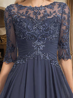 A-Linien Ausschnitt Illusions-Bodenlanges Chiffon-Spitzenkleid für die Mutter der Braut mit plissierten Pailletten