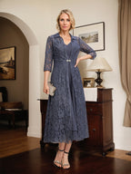 Abito da madre della sposa in chiffon a linea A, scollo a V, lunghezza tea
