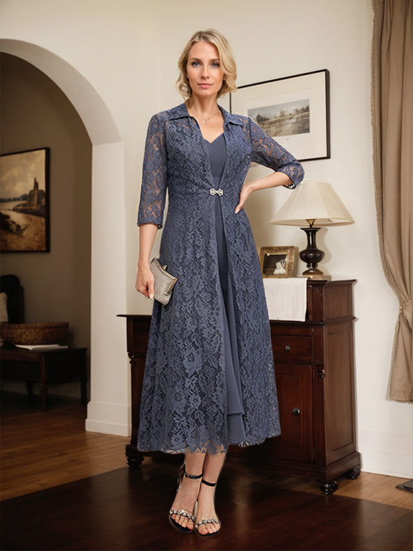 Robe mère de la mariée en mousseline longueur thé à encolure en V et coupe trapèze