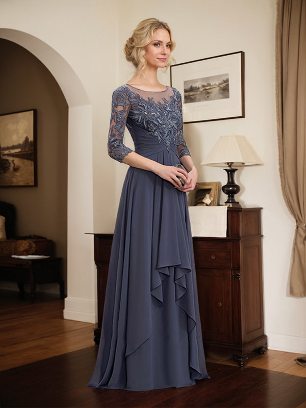 Vestido largo de madre de la novia línea A con escote ilusión redondo, encaje y gasa con volantes en cascada