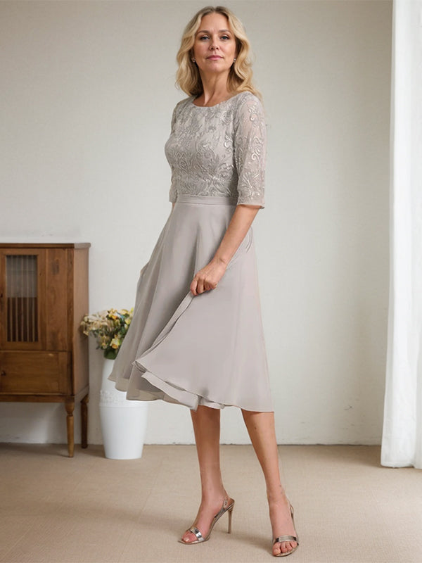 Robe mère de la mariée en ligne A, col rond, longueur genou, en dentelle et chiffon
