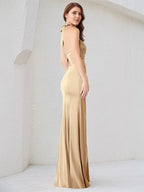 Champagner Satin Spaghetti-Träger ärmelloses bodenlanges Kleid mit hohem Schlitz