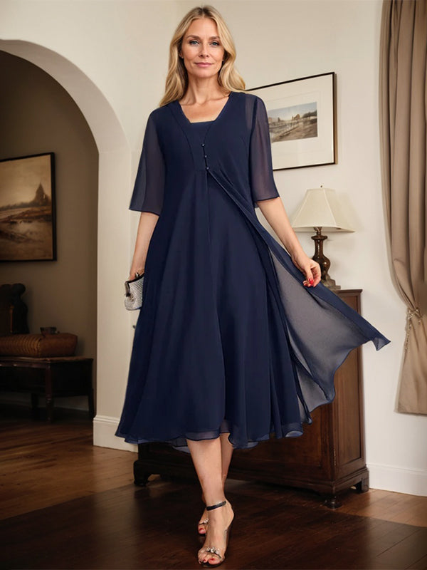 A-Linien quadratisches Tee-Länge Chiffon Mutter-der-Braut-Kleid