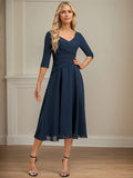 A-Linien V-Ausschnitt Tea-Length Chiffon Kleid der Brautmutter mit Falten