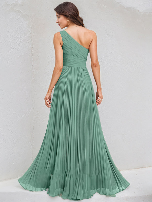 Mist Blue A Line Chiffon One Shoulder Sleeveless Asymmetrical Length Dress With Slit
