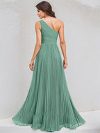 Mist Blue A Line Chiffon One Shoulder Sleeveless Asymmetrical Length Dress With Slit