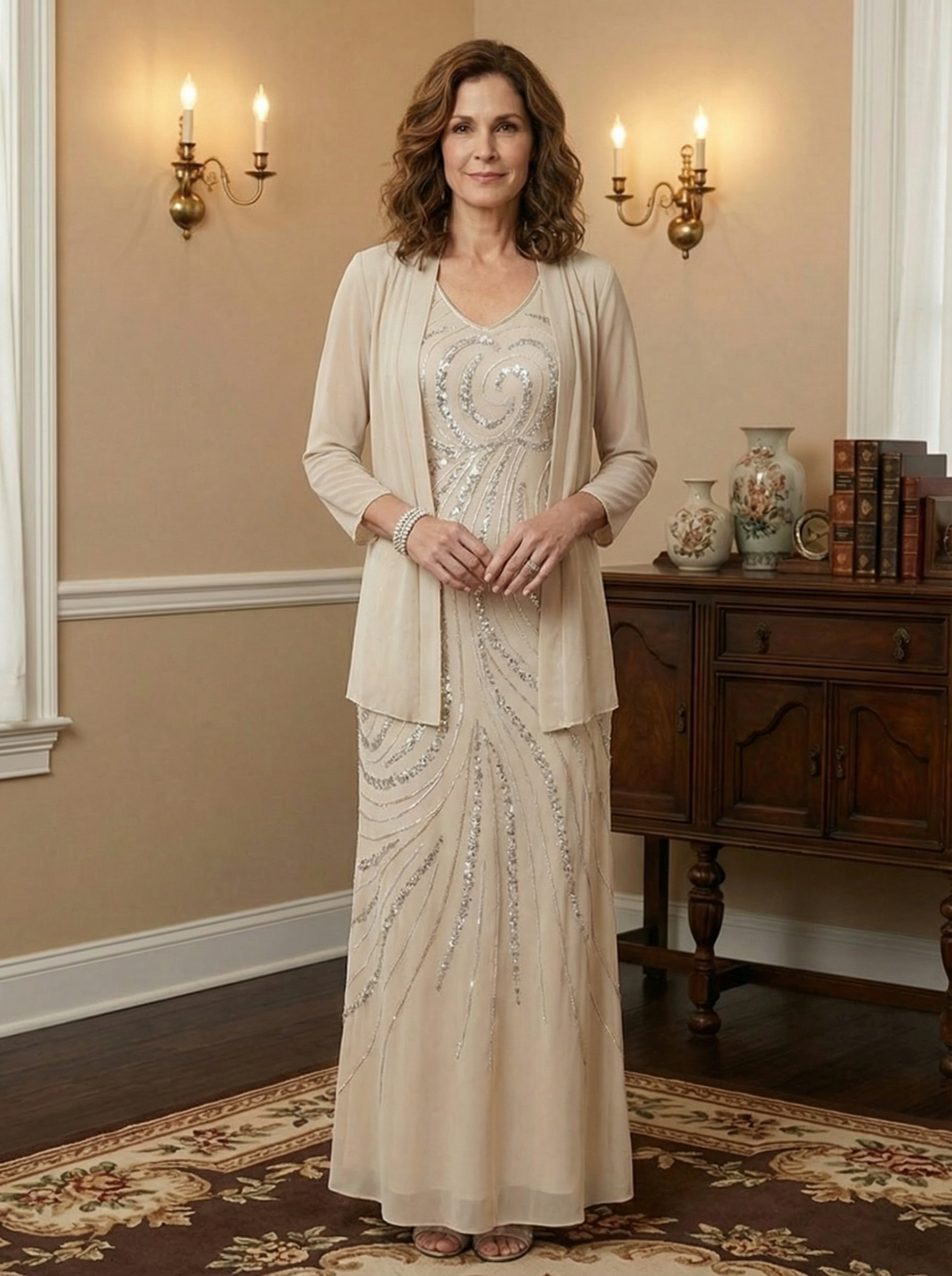Robes de mère de la mariée en coupe droite/colonne, col en V, longueur cheville, avec veste et sequins