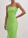 Vestido verde para festa de formatura, tomara que caia, pregueado e longo