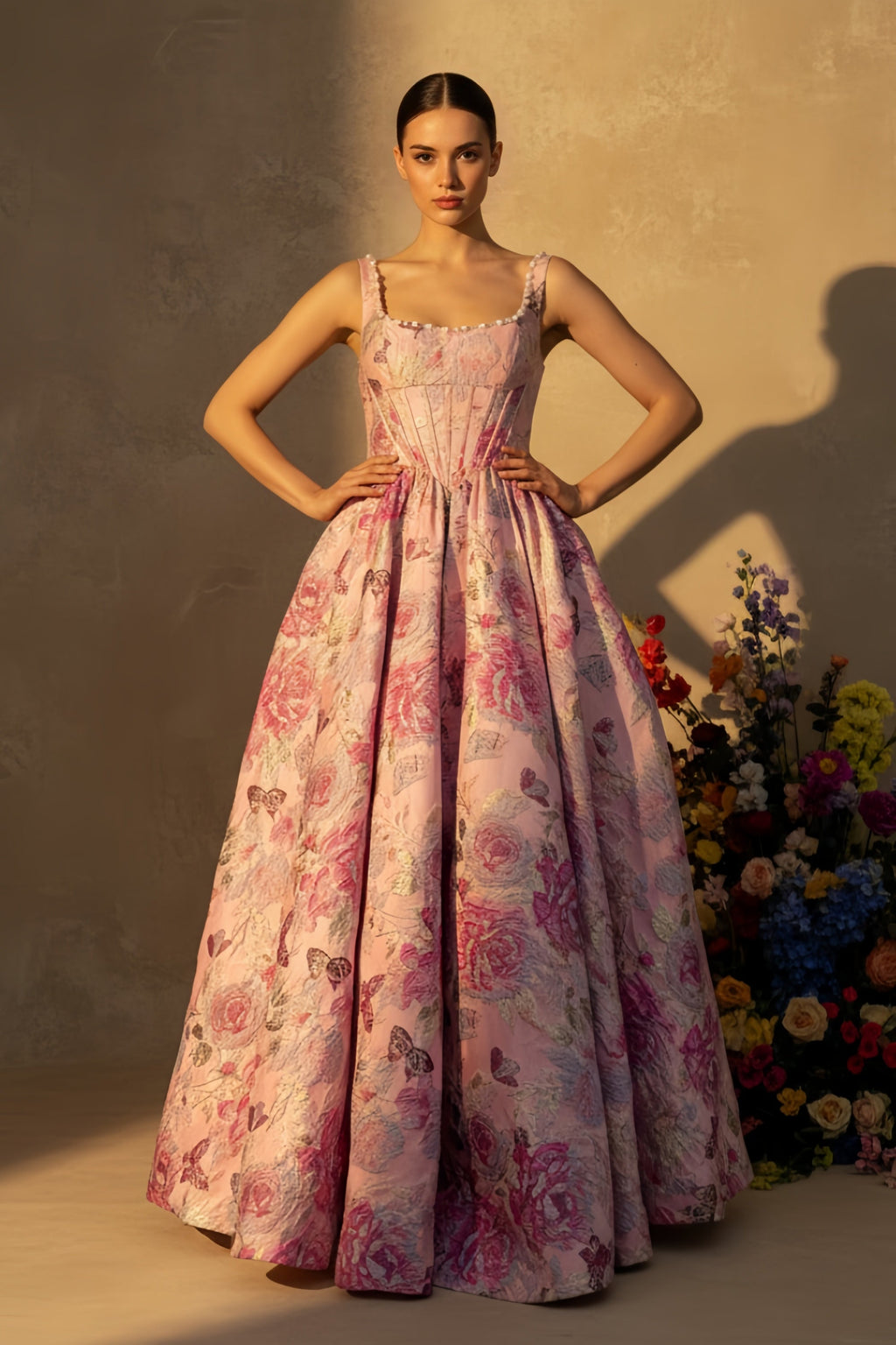 Elegant Floral Jacquard Corset Gown with Embellished Straps