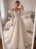 Elegant Off-the-Shoulder Long Sleeve Lace A-Line Wedding Dress