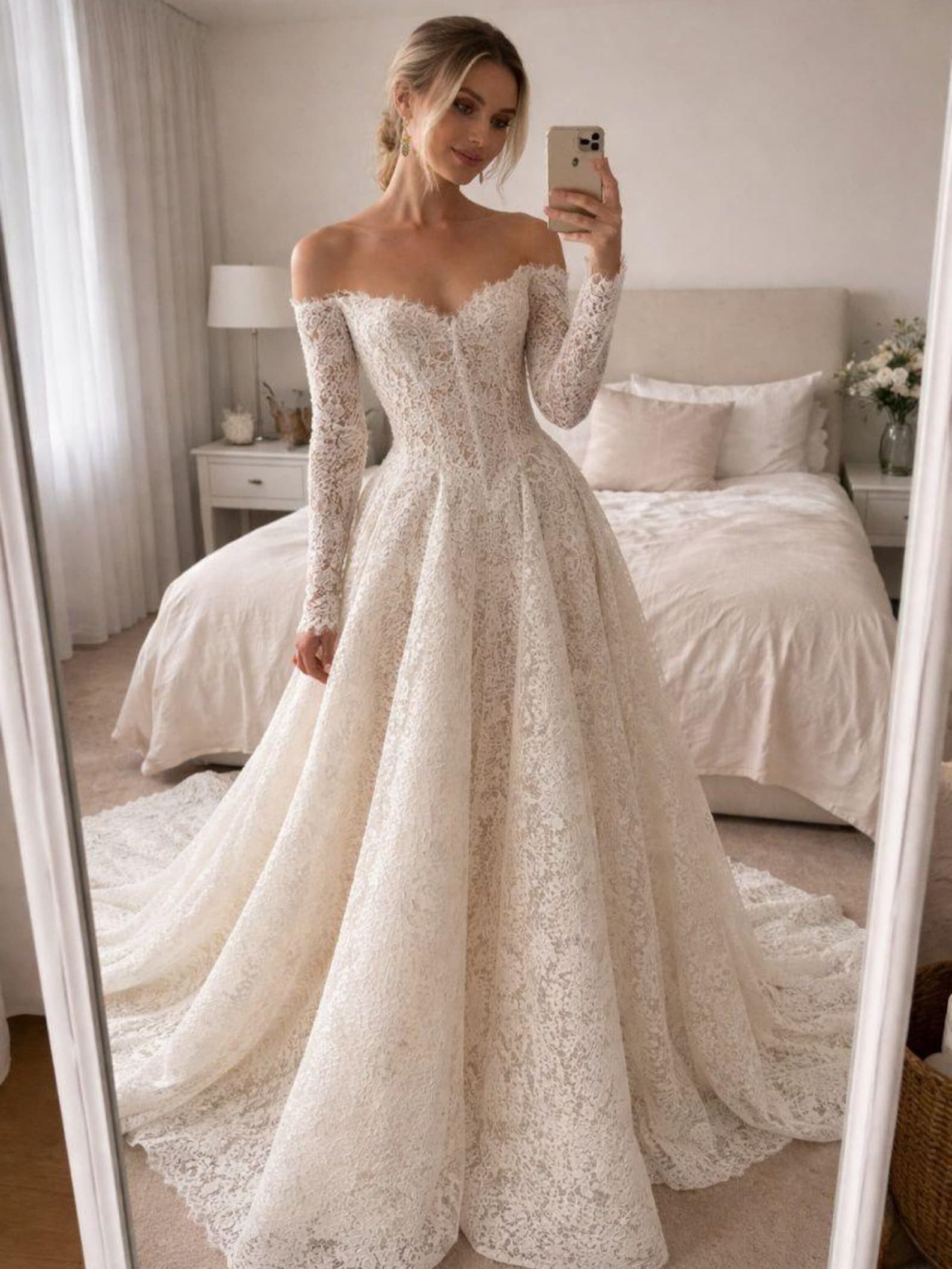 Elegant Off-the-Shoulder Long Sleeve Lace A-Line Wedding Dress
