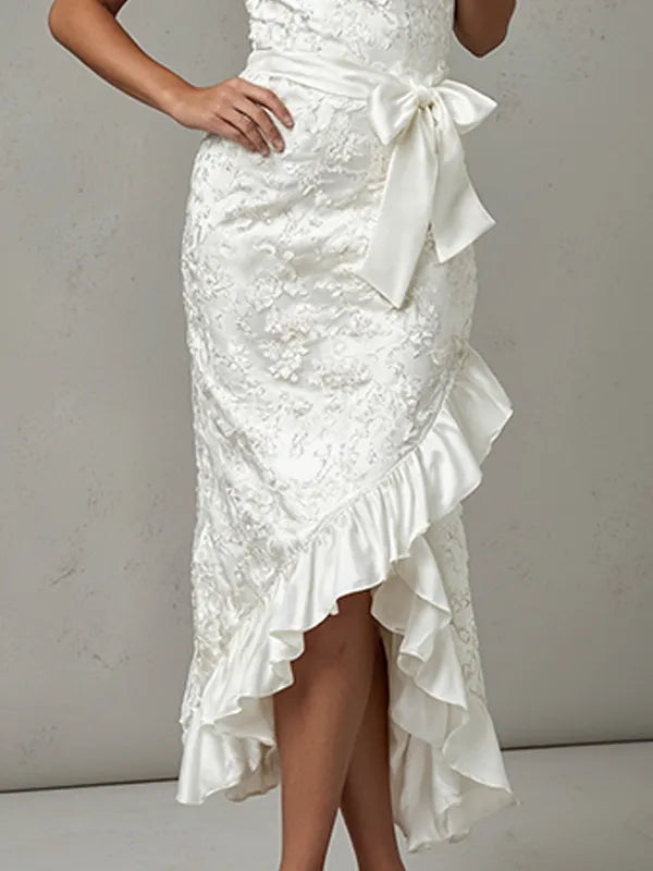 Evening Dress White Strapless Embroidery Slit Ruffled Mid-length Dress